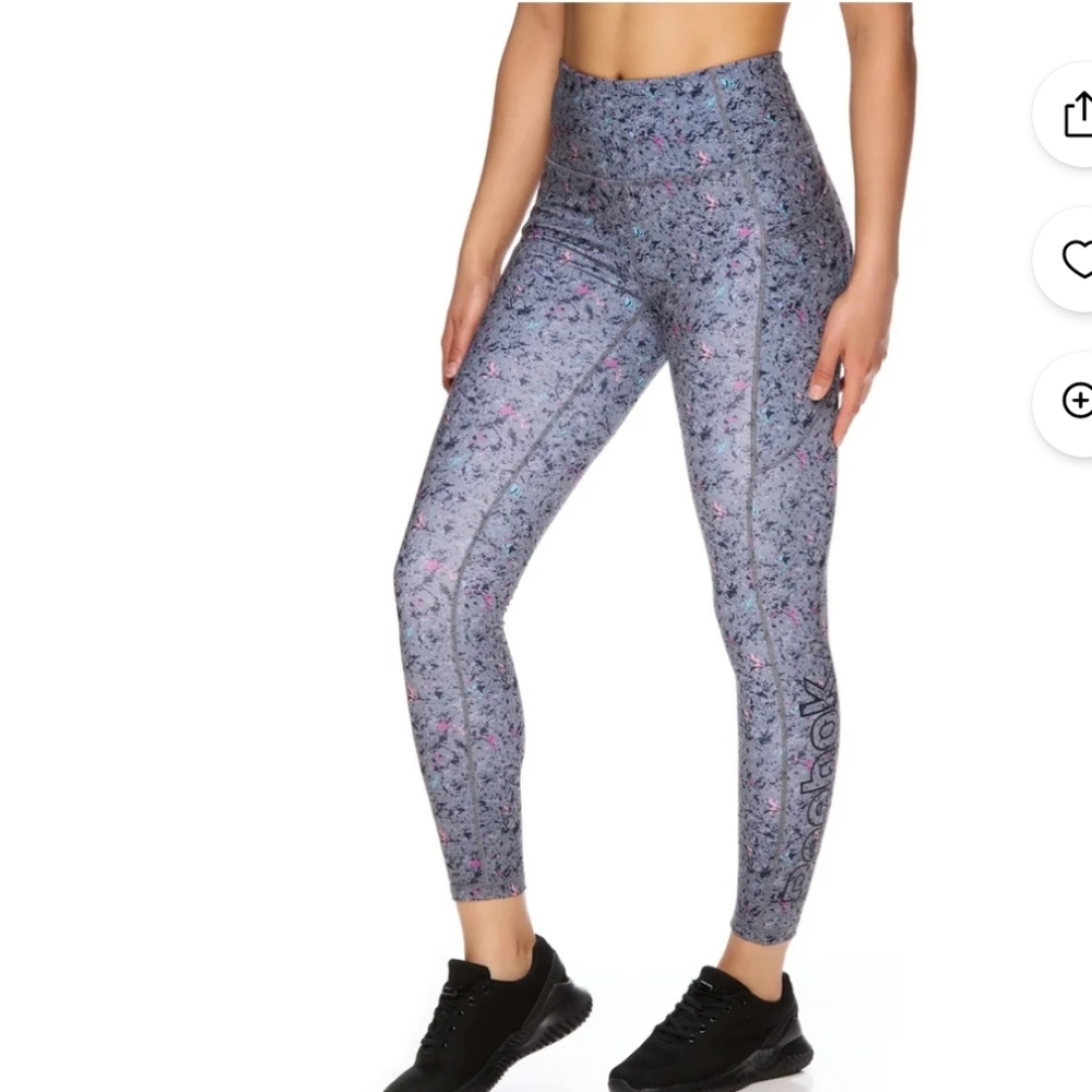 Reebok Gray Speckled High-Waist Leggings with Pink & Blue Accents